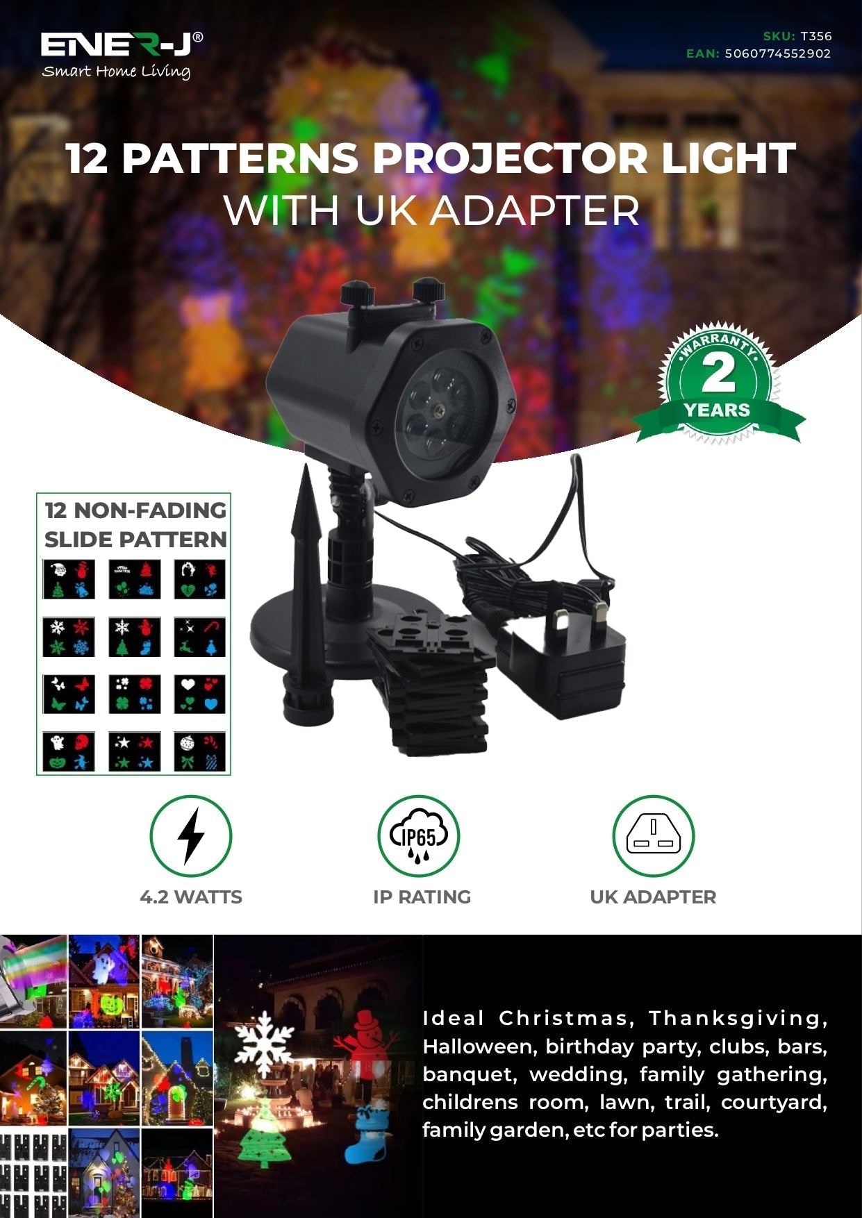 12 Patterns Christmas LED Projector Waterproof Spotlight for Halloween, Christmas, Wedding Party & Birthday Party Decoration Lights - ENER-J Smart Home
