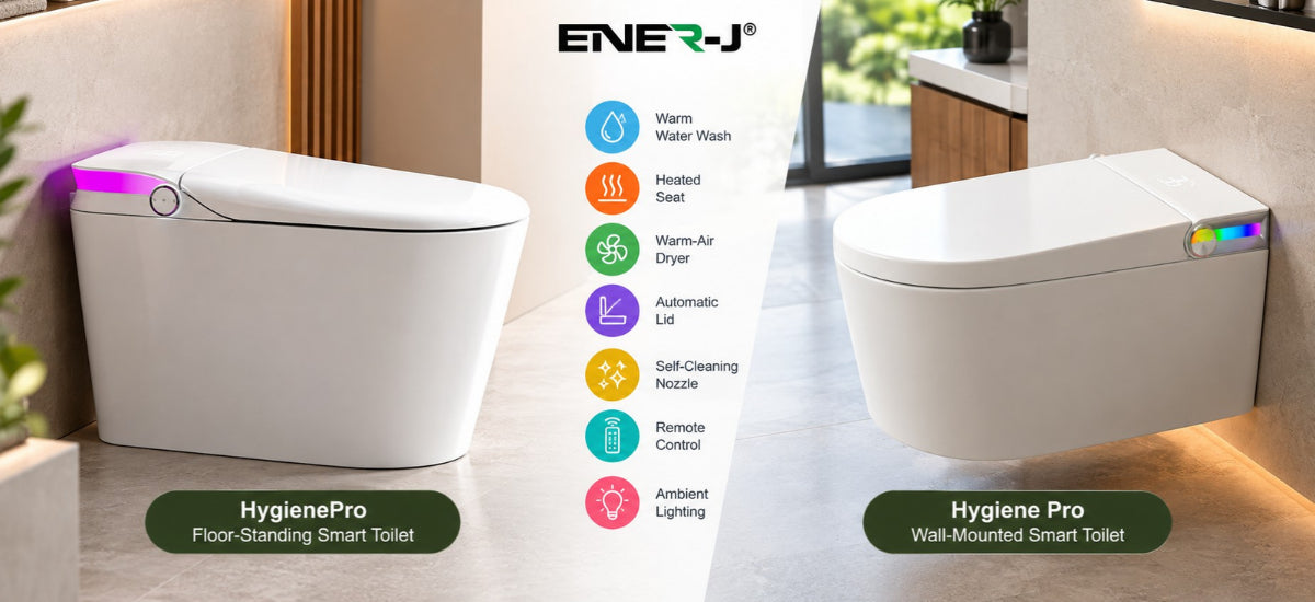 ENER-J HygienePro floor-standing and Hygiene Pro wall-mounted smart toilets with heated seats, warm-water wash and smart features.