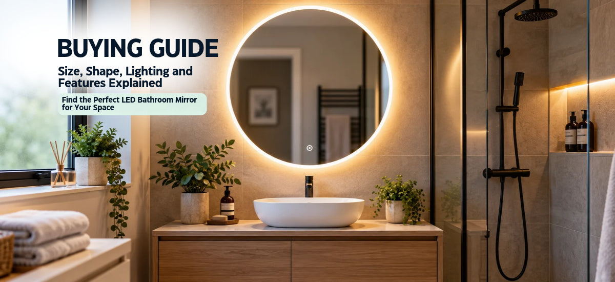 LED bathroom mirror buying guide showing a modern bathroom with an illuminated round mirror, covering size, shape, lighting and features.