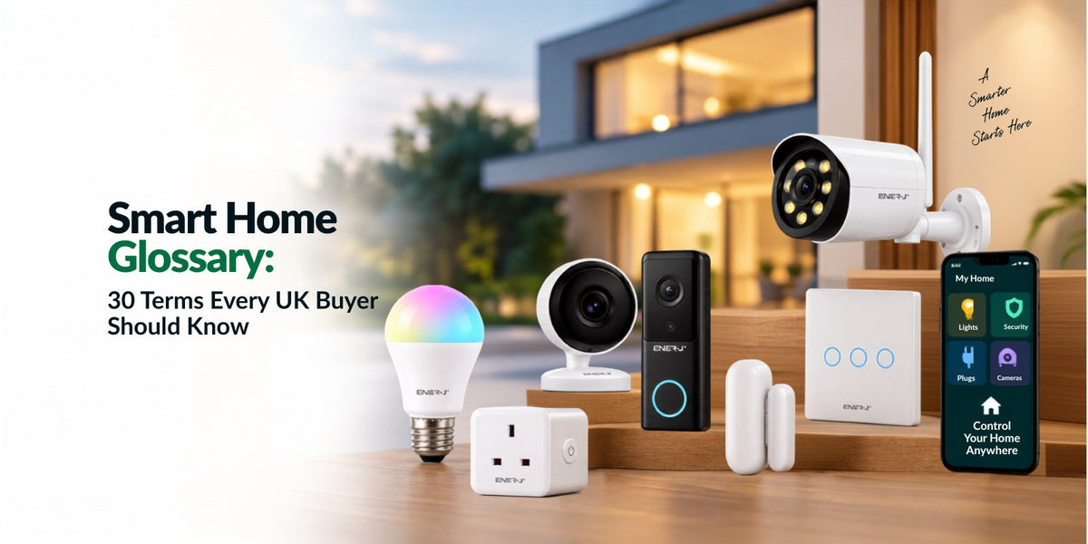 Smart home glossary showing smart lighting, plugs, sensors, cameras, video doorbell and smart home controls for UK buyers
