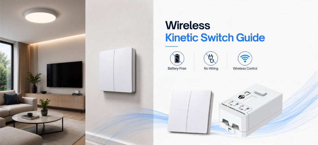 ENER-J wireless kinetic switch with receiver installed in a modern living room, showing battery-free, no-wiring wireless lighting control.
