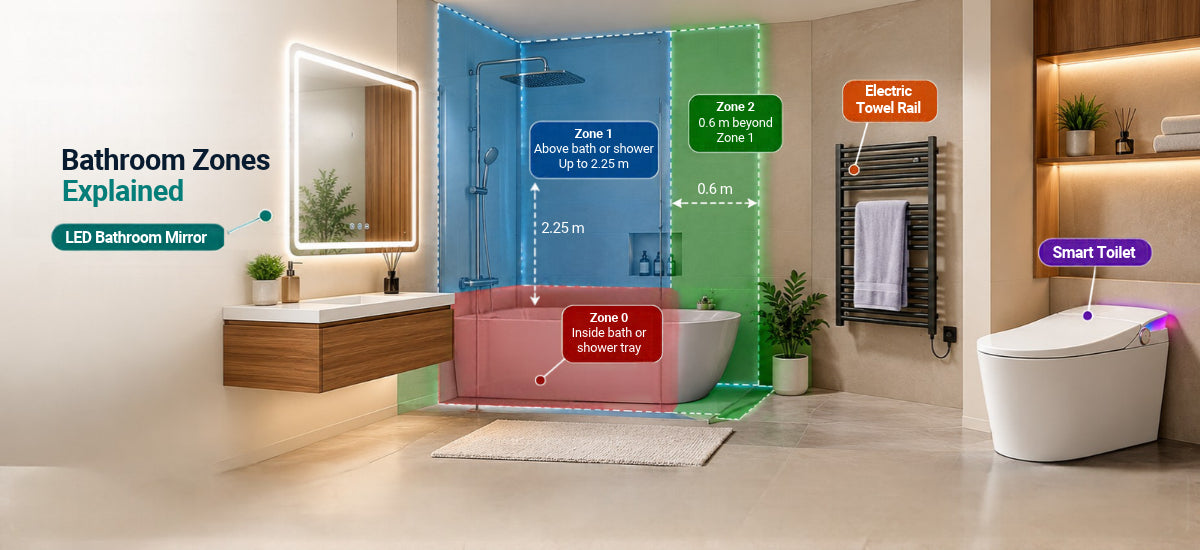 Bathroom Zones Explained: IP Ratings for Mirrors, Heaters and Smart Toilets in UK Bathrooms