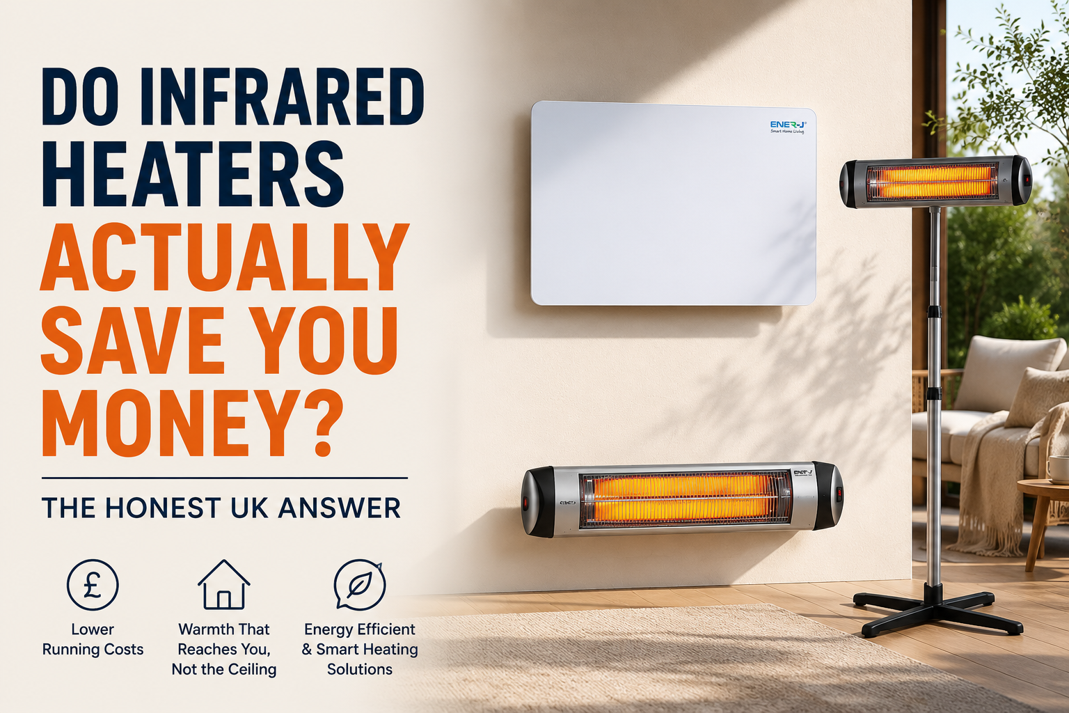ENER-J infrared heaters in a modern UK home, showing a wall-mounted infrared heating panel and infrared patio heater