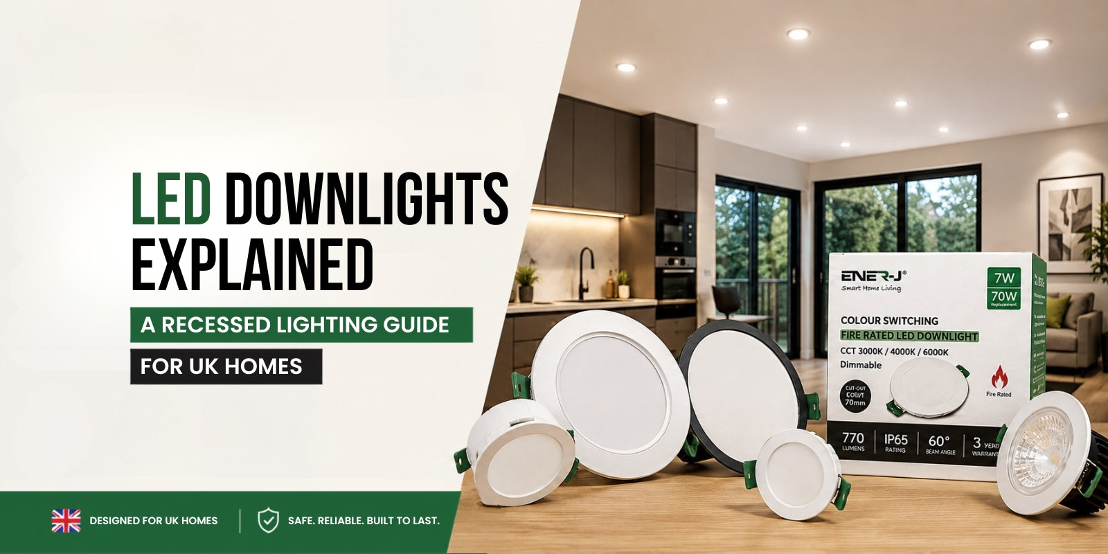 LED downlights in a modern UK home with fire-rated, dimmable and CCT lighting options