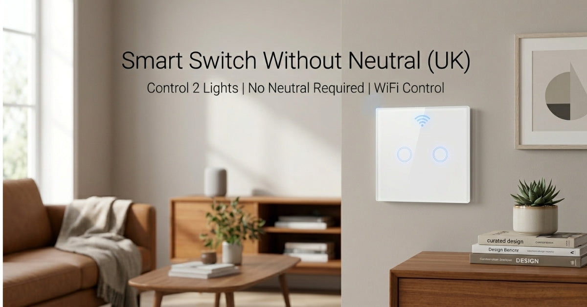 Smart switch without neutral UK 2 gang WiFi light switch installed on wall with glass touch panel and app voice control features