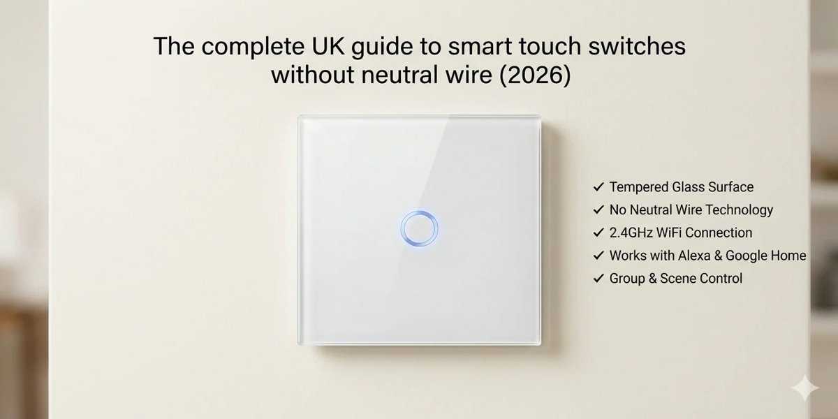 Smart WiFi touch light switch without neutral wire in UK home with tempered glass design