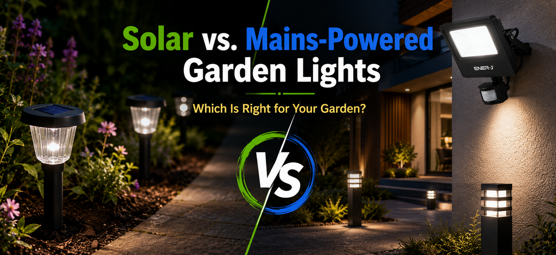 Solar vs. mains-powered garden lights comparison featuring solar pathway lights on one side and mains-powered LED garden and security lights outside a modern home.