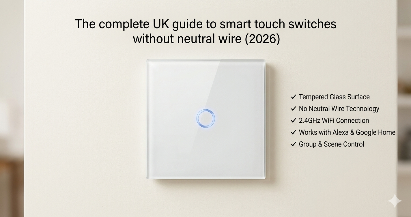 Smart WiFi touch light switch without neutral wire in UK home with tempered glass design