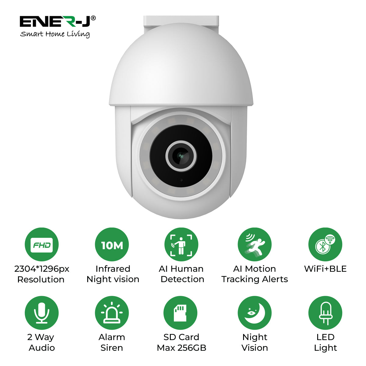 ENERJ Smart WiFi Outdoor Dome IP Camera, 2K 3MP Pan-Tilt Security Camera with Night Vision, Motion Detection, Two-Way Audio, Alexa/Google Home Compatible