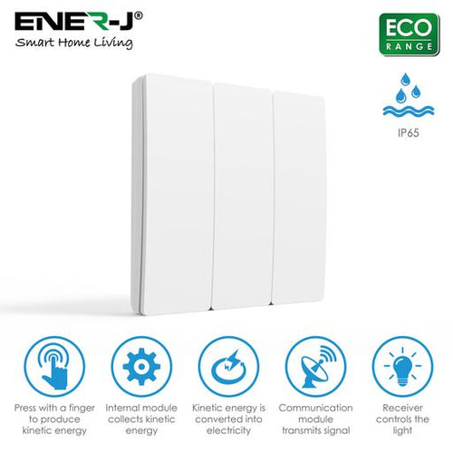 3 Gang Wireless Kinetic Switch, White+Non Dimmable + Wi-Fi 5A RF Receiver