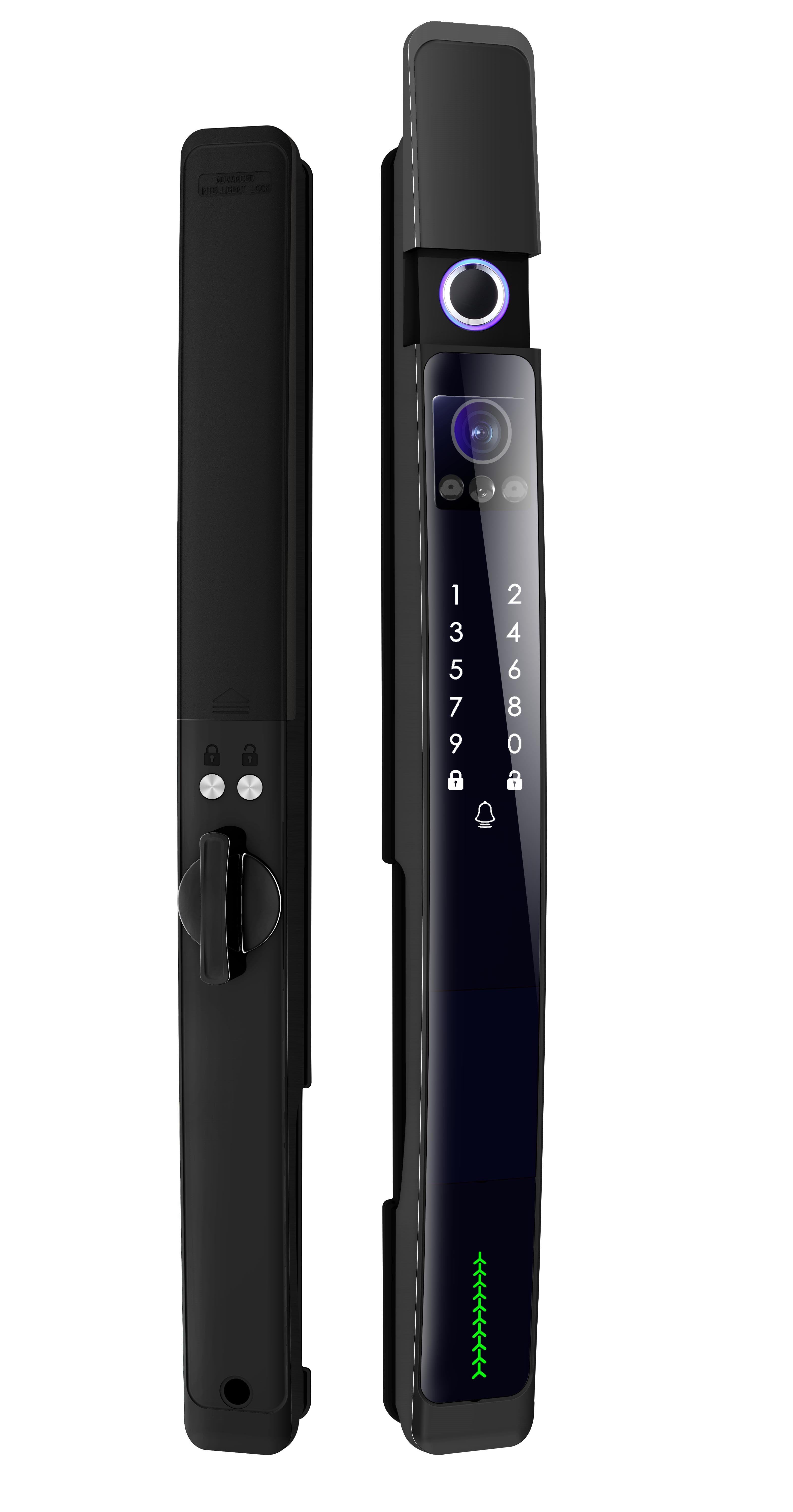Peephole Camera, Fingerprint, Passcodes, RFID, and More!  Stylishly Secure with Black Housing and IP65.