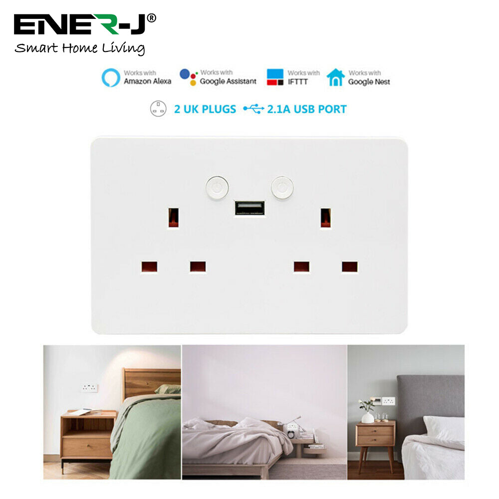 ENER-J Smart WiFi 13A Twin Wall Socket with App Control, Individual Timers, LED Push Buttons & 2.1A USB Charging, White Double Power Socket for Home & Office Automation