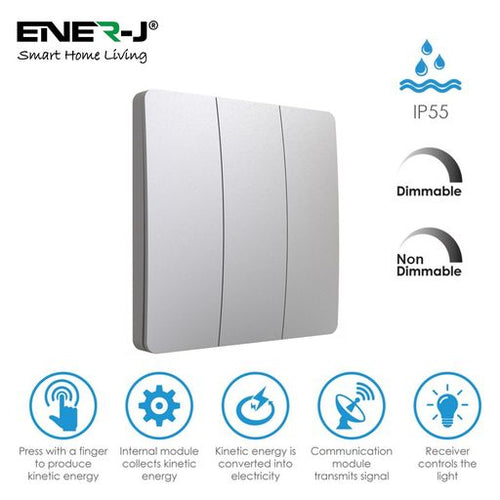 3 Gang Wireless Kinetic Switch, (Silver Finish) + 3 x  500W RF Receiver