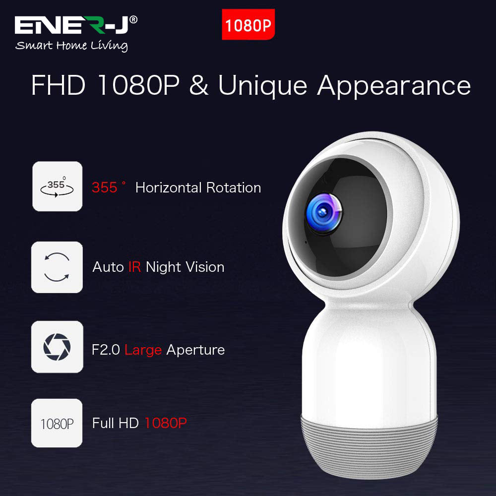 Ener-J Smart WiFi 1080P PTZ Indoor Security Camera, 360 Degreesâ Coverage, Night Vision, Two-Way Audio & Motion Tracking