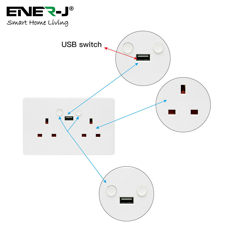 ENER-J Smart WiFi 13A Twin Wall Socket with App Control, Individual Timers, LED Push Buttons & 2.1A USB Charging, White Double Power Socket for Home & Office Automation