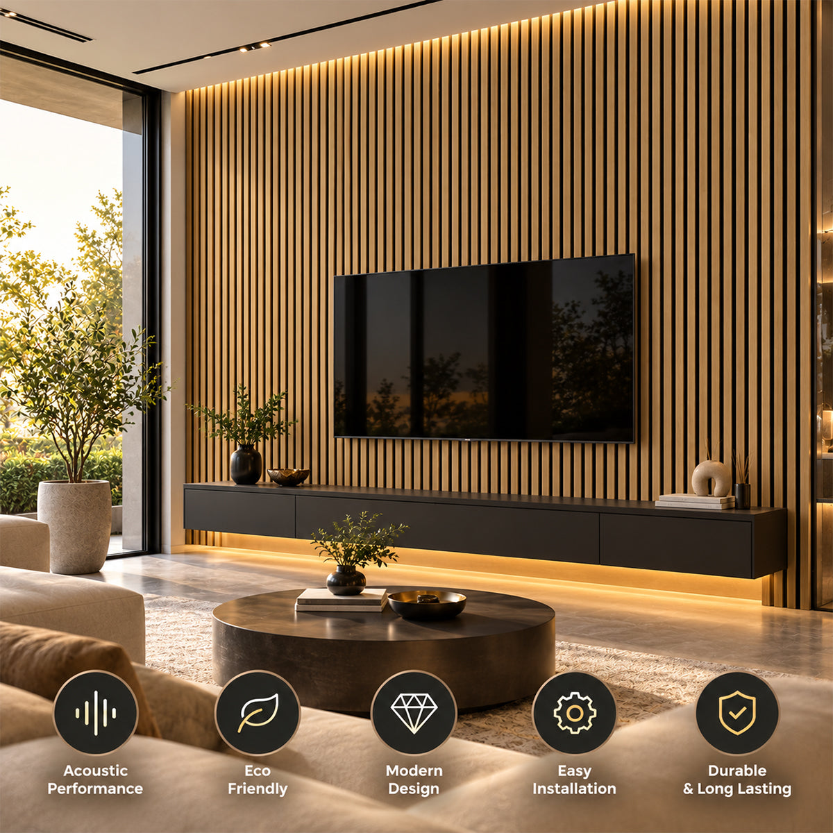 Linear Acoustic Wall Panel -  PET + MDF, Warm Brown Wood Grain Size: 2400*600*21mm (Pack of 2)
