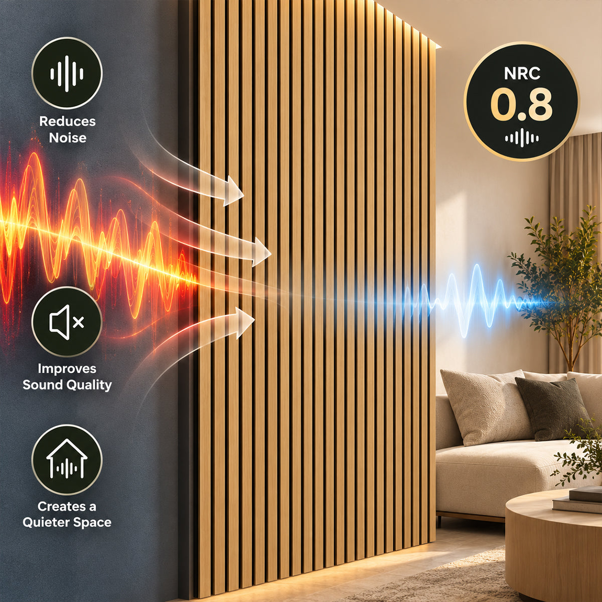 Linear Acoustic Wall Panel -  PET + MDF, Warm Brown Wood Grain Size: 2400*600*21mm (Pack of 2)