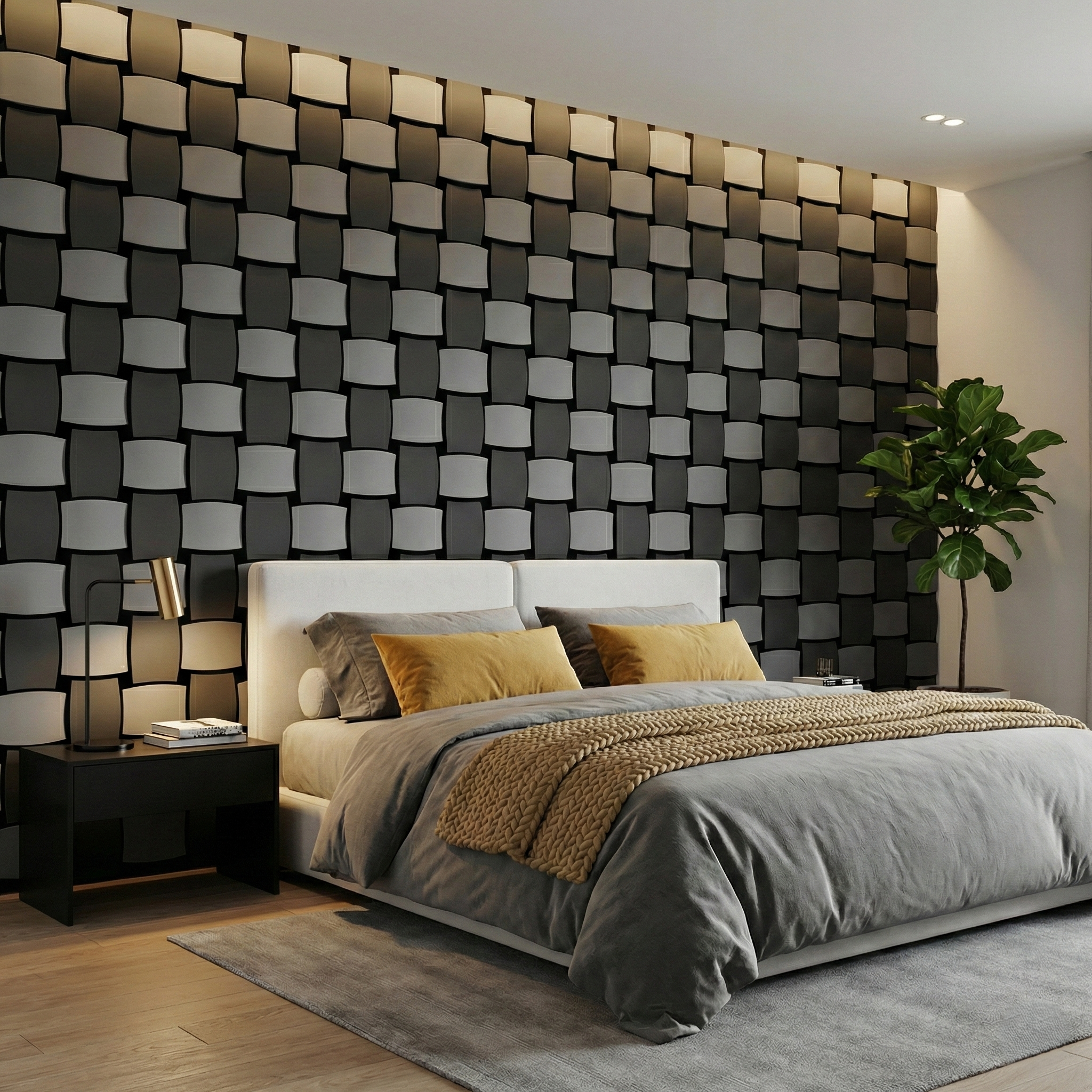 Britwall Acoustic Wall Panel 610x610mm 3D Checkerboard PET + MDF Pack of 4 – Black & Grey