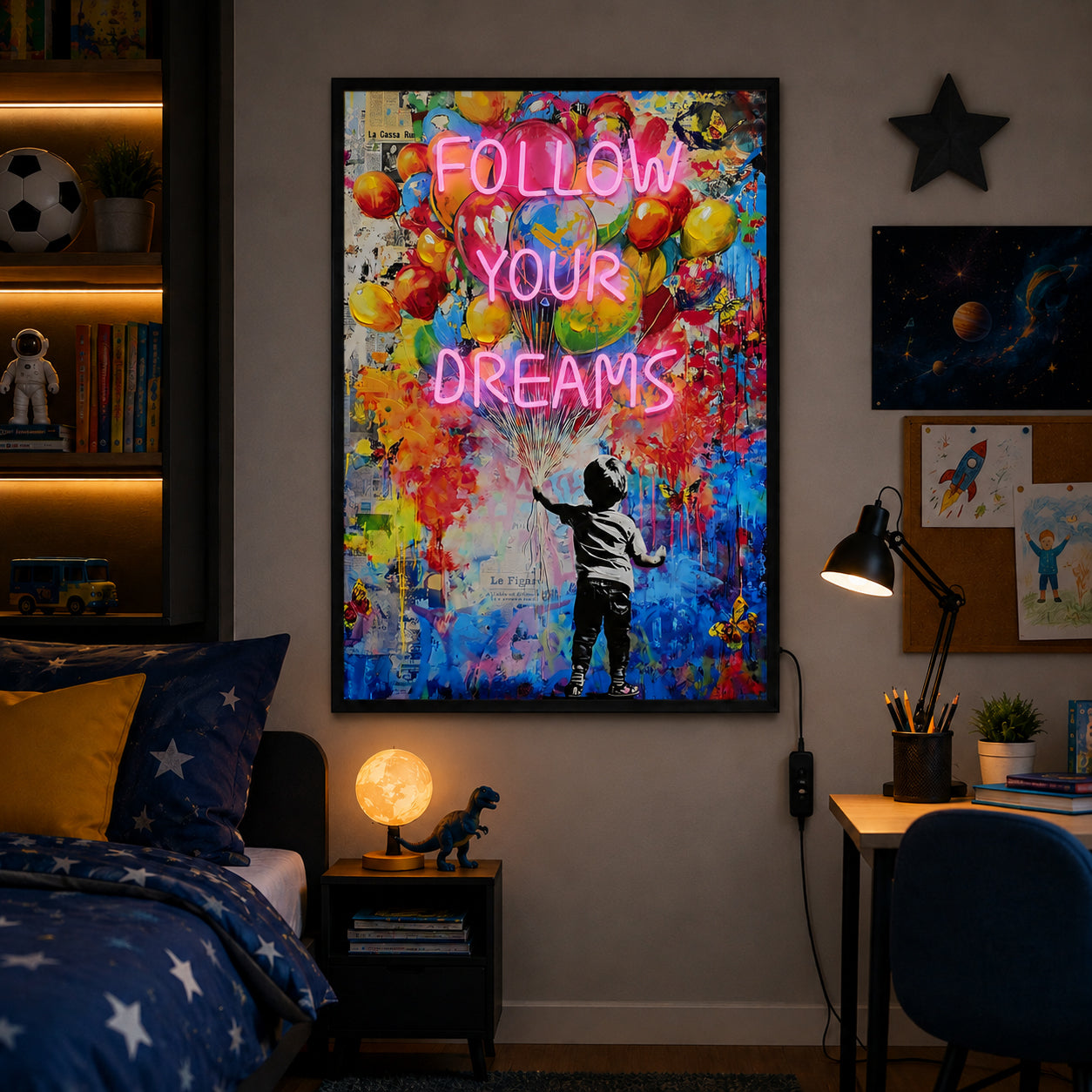 Britwall LED Wall Art Boy Follow Your Dreams Illuminated Canvas 63x93cm with UK Plug & ON Off Switch