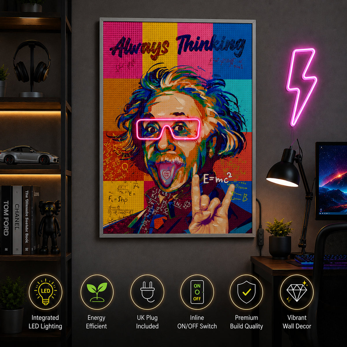 Britwall LED Wall Art Einstein Follow Your Dreams Illuminated Canvas 63x93cm with UK Plug & ON Off Switch  Can be Sold