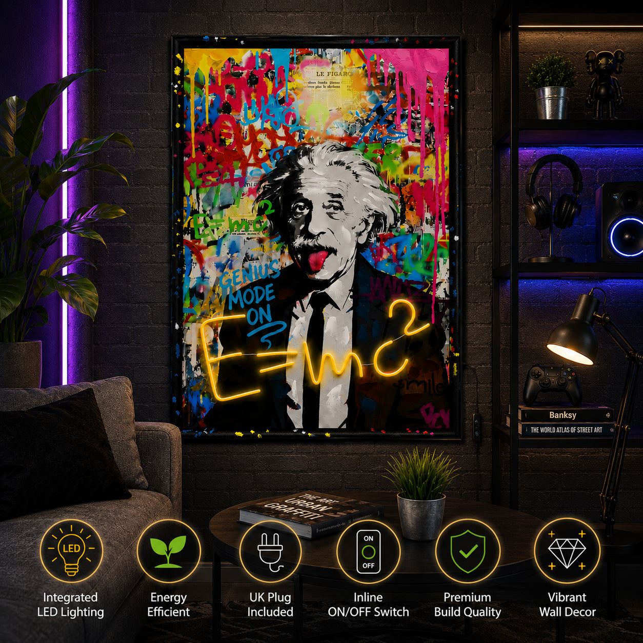 Britwall LED Wall Art Einstein E=mc² Illuminated Canvas 63x93cm with UK Plug & ON Off Switch