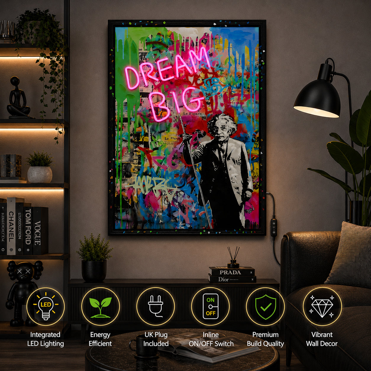 Britwall LED Wall Art Einstein Dream Bigger Illuminated Canvas 63x93cm with UK Plug & ON Off Switch