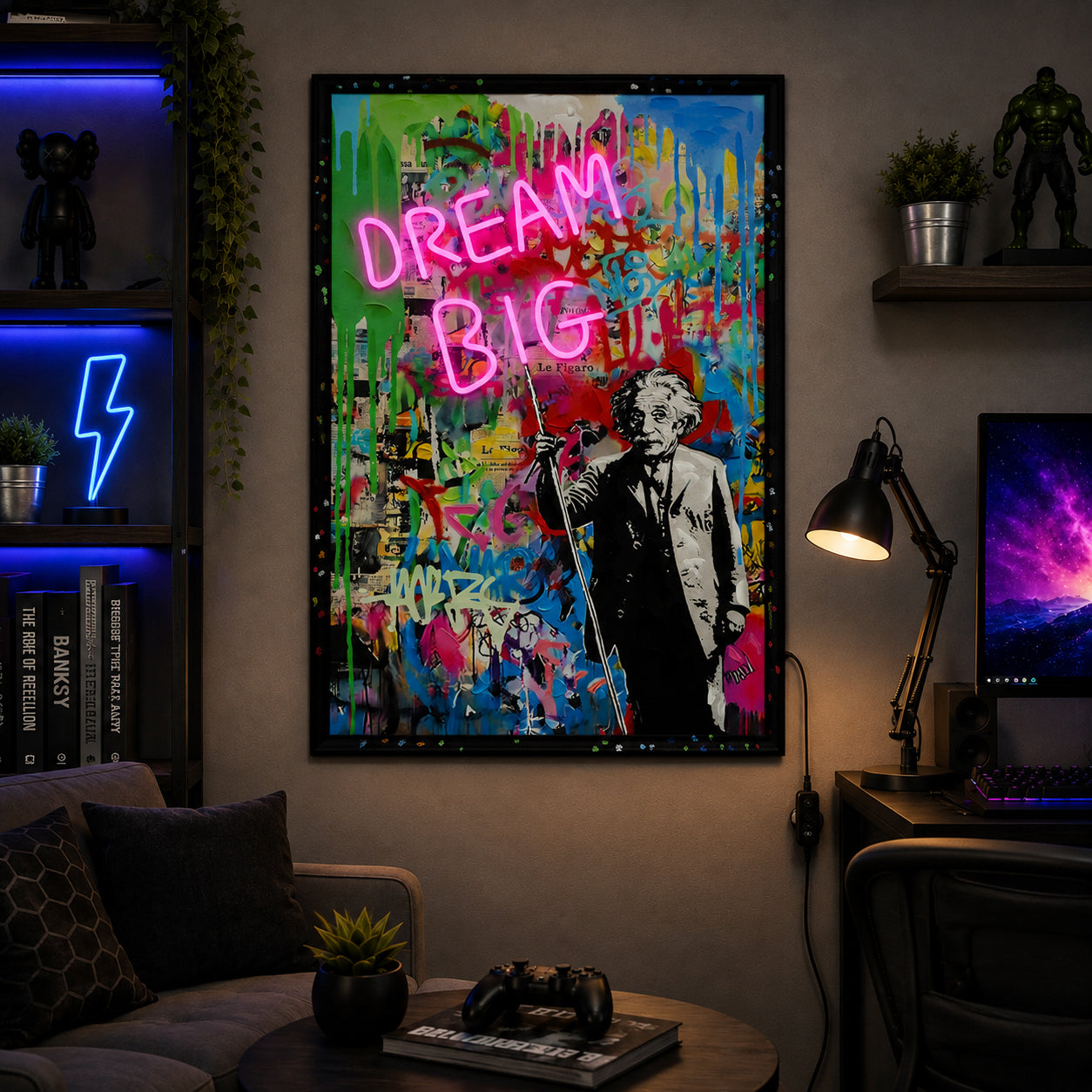 Britwall LED Wall Art Einstein Dream Bigger Illuminated Canvas 63x93cm with UK Plug & ON Off Switch