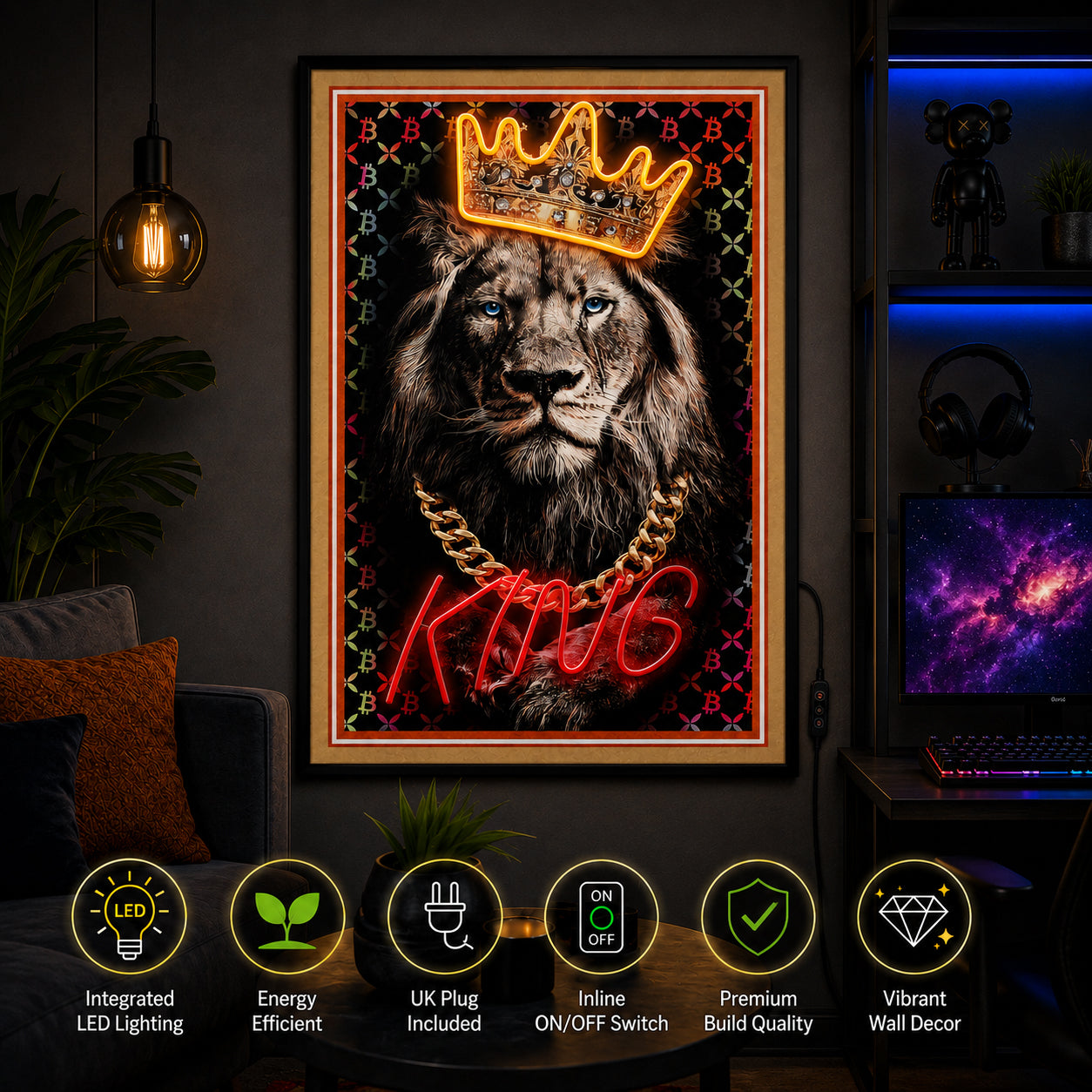 Britwall LED Wall Art Lion King Illuminated Canvas 61.6x91.6cm with UK Plug & ON Off Switch