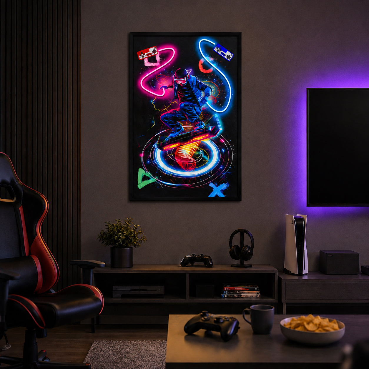 Britwall LED Wall Art Gamer with Console Illuminated Canvas 63x93cm with UK Plug & ON Off Switch