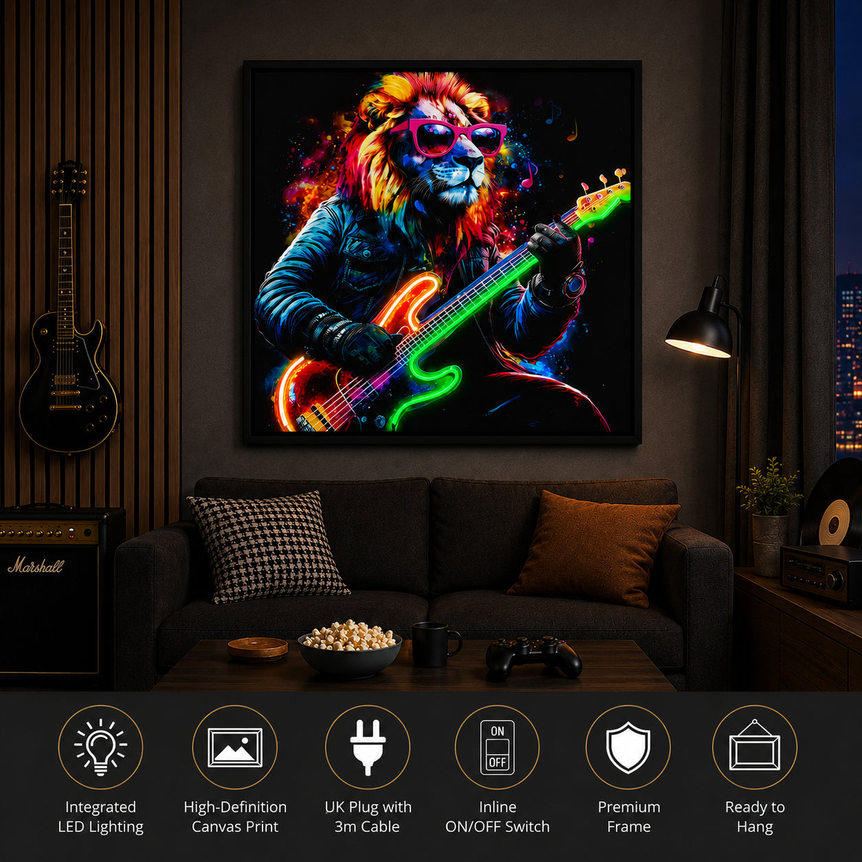 Britwall LED Wall Art Lion with Guitar Illuminated Canvas 83x83cm with UK Plug & ON Off Switch