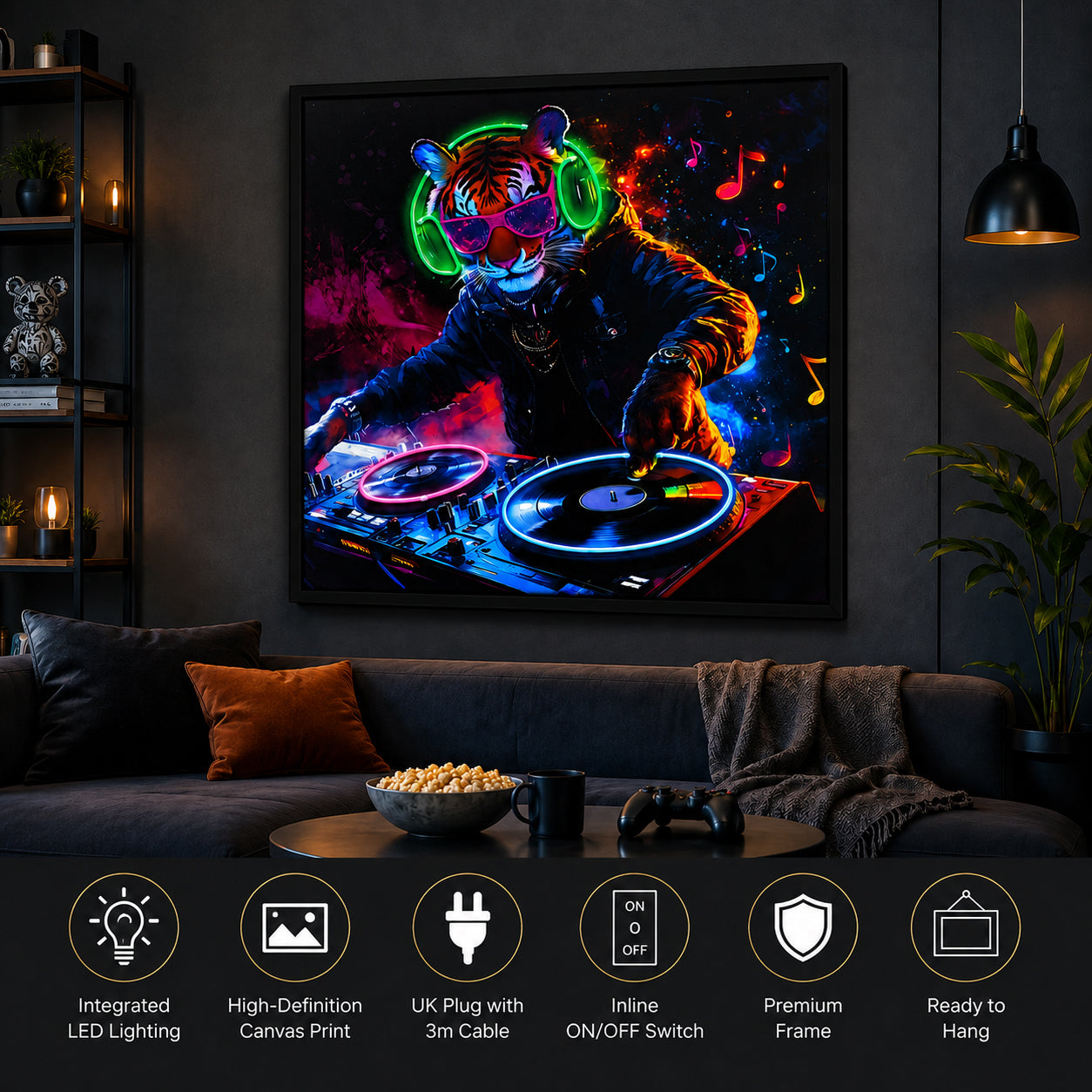 Britwall LED Wall Art Tiger DJ Illuminated Canvas 83x83cm with UK Plug & ON Off Switch