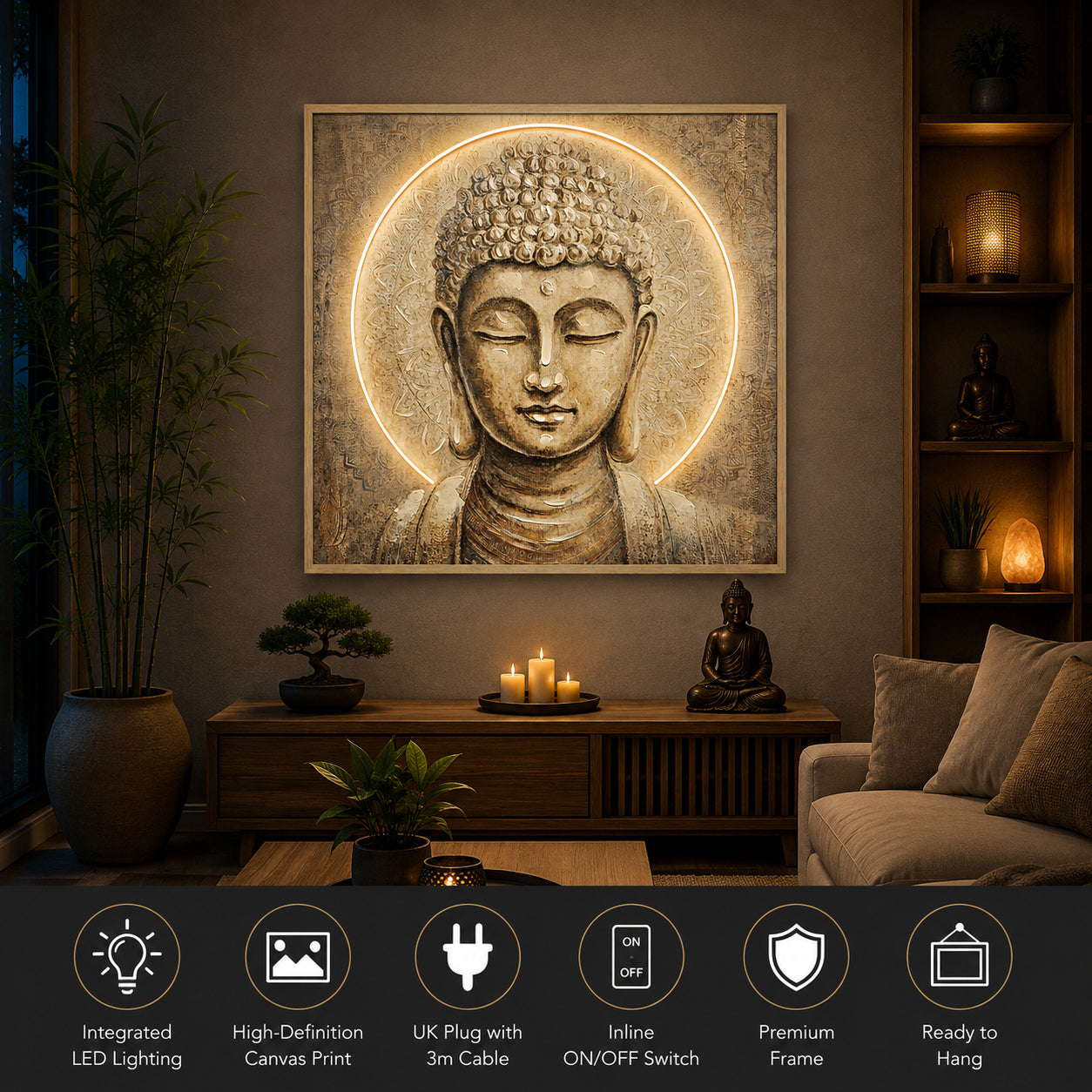 Britwall LED Wall Art Enlightened Buddha Illuminated Canvas 83x83cm with UK Plug & ON Off Switch