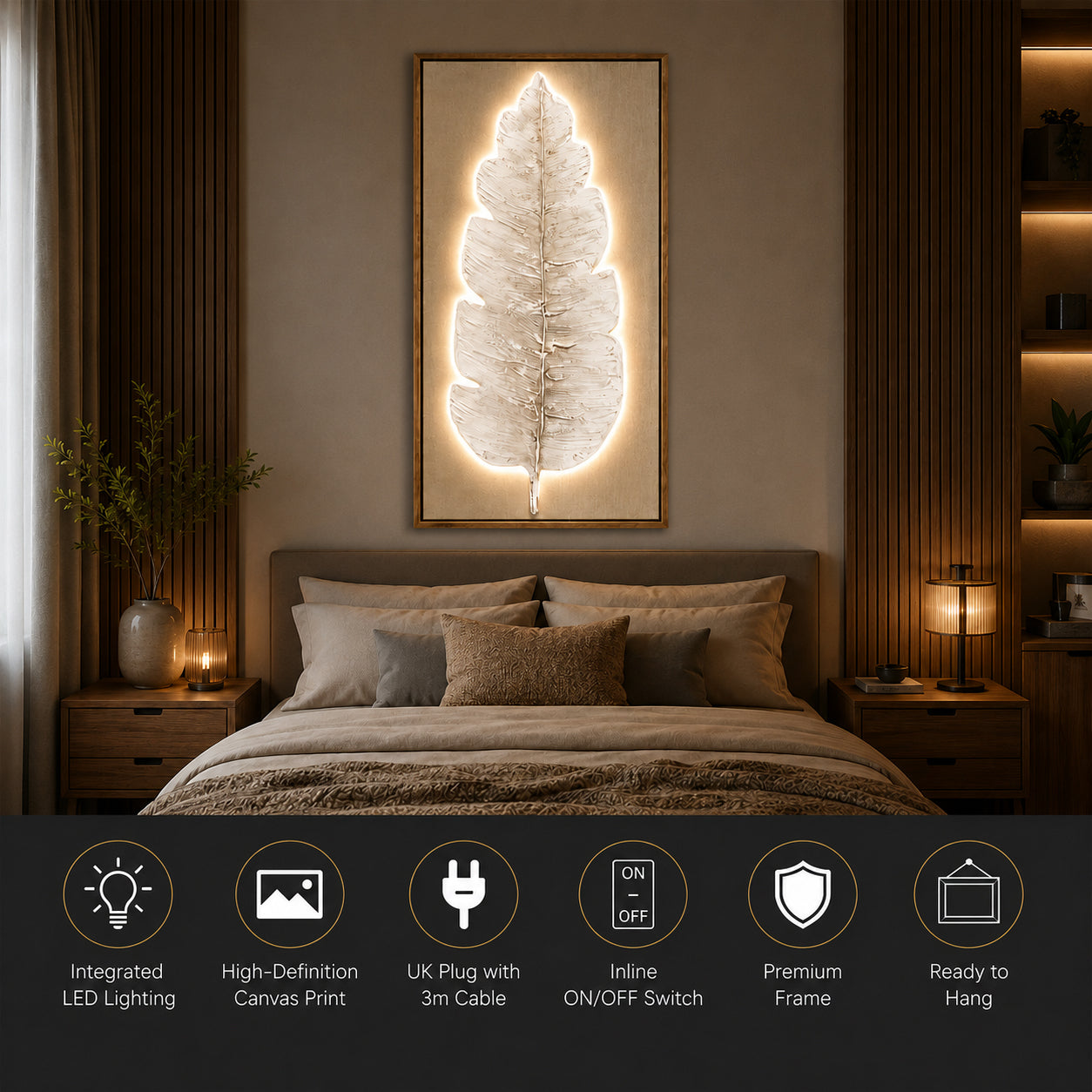 Britwall LED Wall Art White Leaf Illuminated Canvas 50x100cm with UK Plug & ON Off Switch