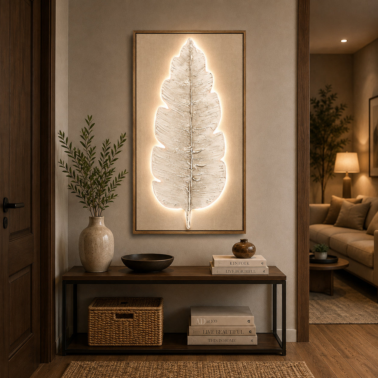 Britwall LED Wall Art White Leaf Illuminated Canvas 50x100cm with UK Plug & ON Off Switch