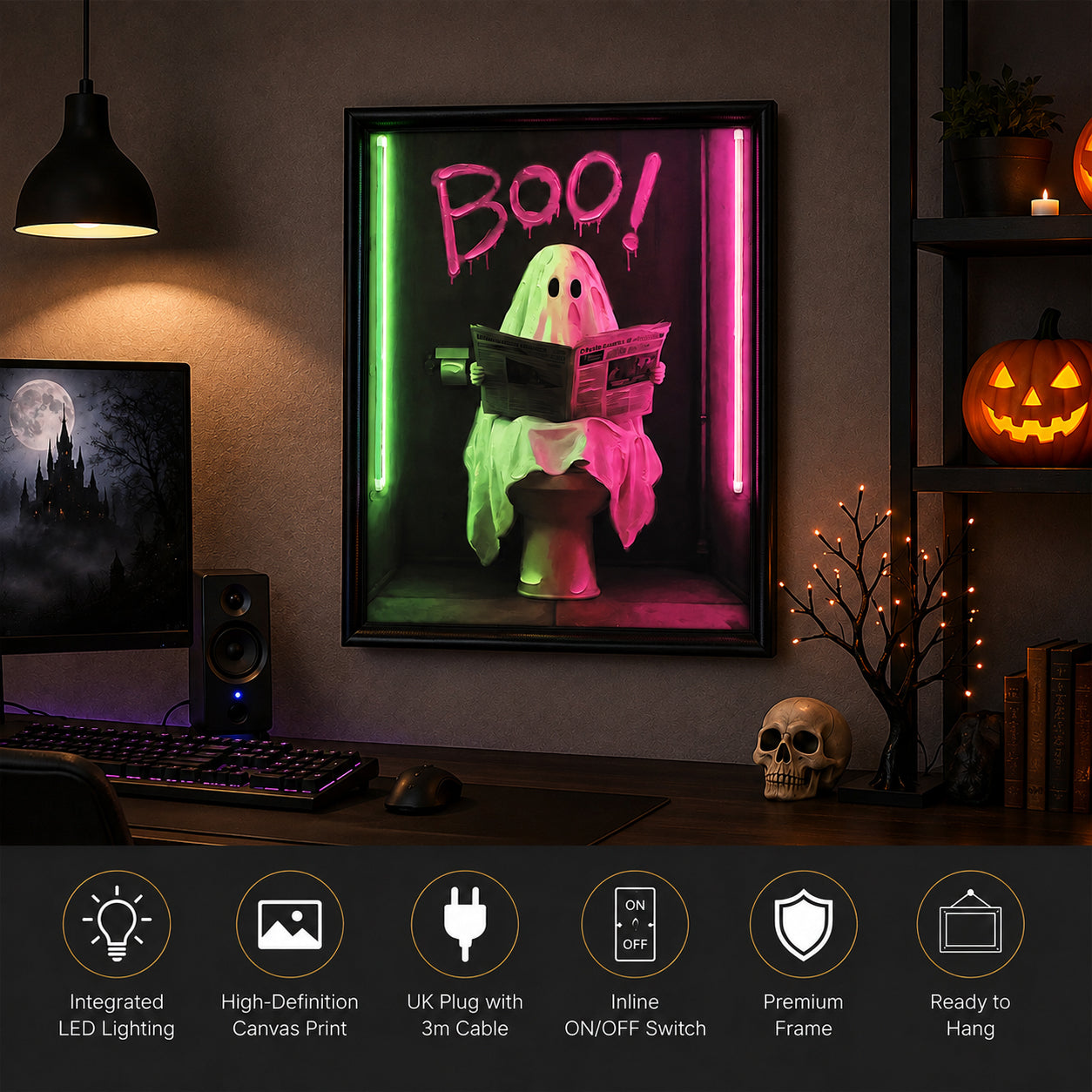 Britwall LED Wall Art Boo Halloween Illuminated Canvas 43x53cm with UK Plug & ON Off Switch