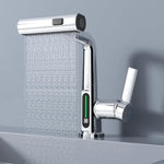 Modern Single Hole Basin Faucet with Waterfall, Pull Out Sprayer and LED Temperature Display, Chrome Silver