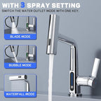 Modern Single Hole Basin Faucet with Waterfall, Pull Out Sprayer and LED Temperature Display, Chrome Silver