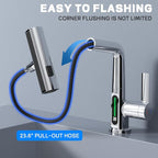 Modern Single Hole Basin Faucet with Waterfall, Pull Out Sprayer and LED Temperature Display, Chrome Silver