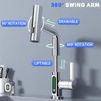 Modern Single Hole Basin Faucet with Waterfall, Pull Out Sprayer and LED Temperature Display, Chrome Silver