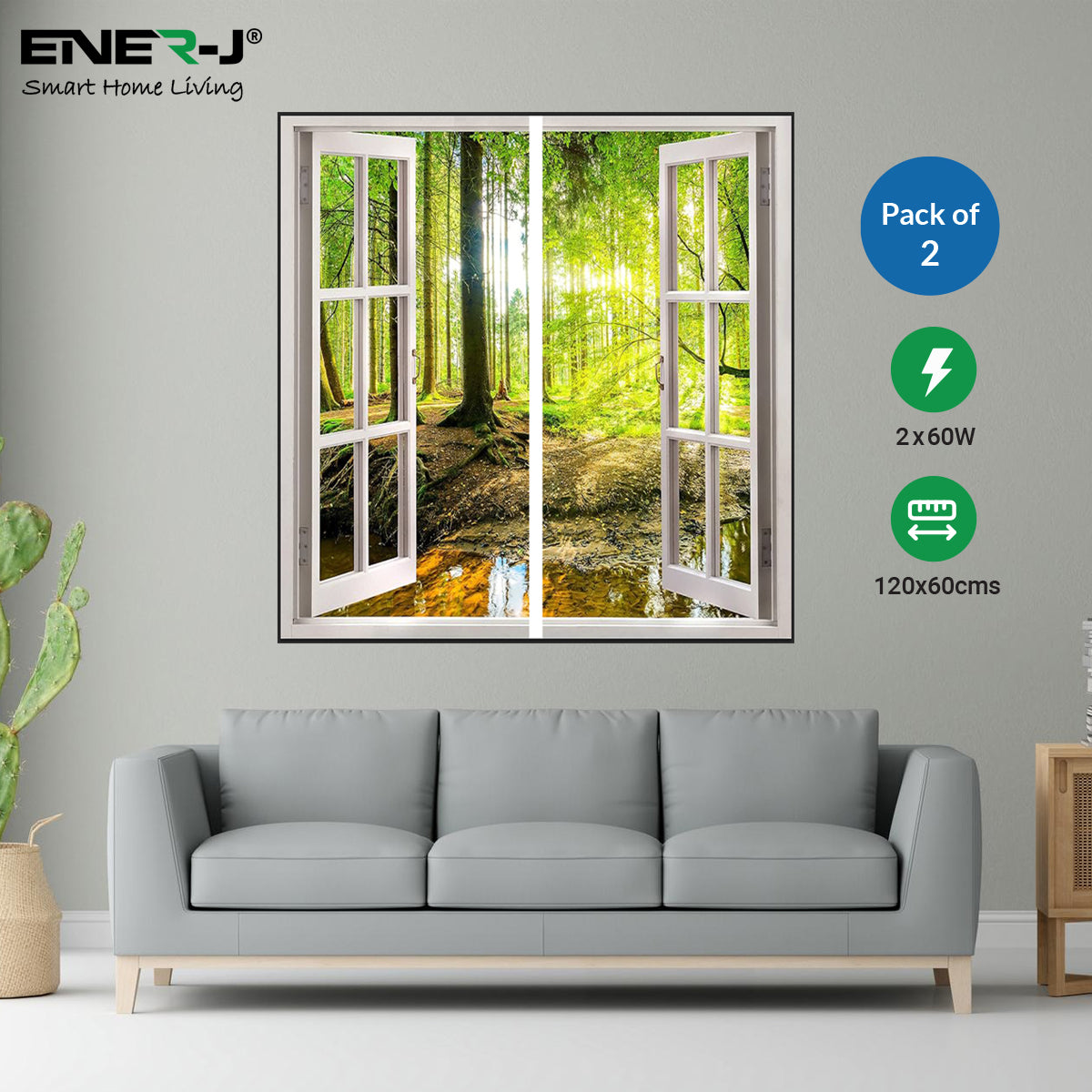 120x60cm Landscape Window Panel set (2 pcs), 2 x 60W, With Wall mounting kit, Lush Green Trees