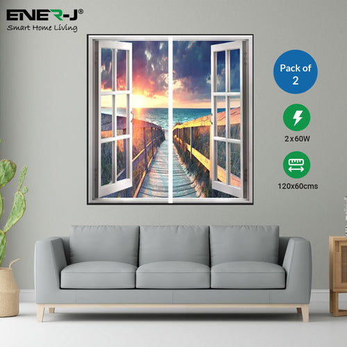 120x60cm Landscape Window Panel set (2 pcs), 2 x 60W, With Wall mounting kit, Bridge leading towards the beach