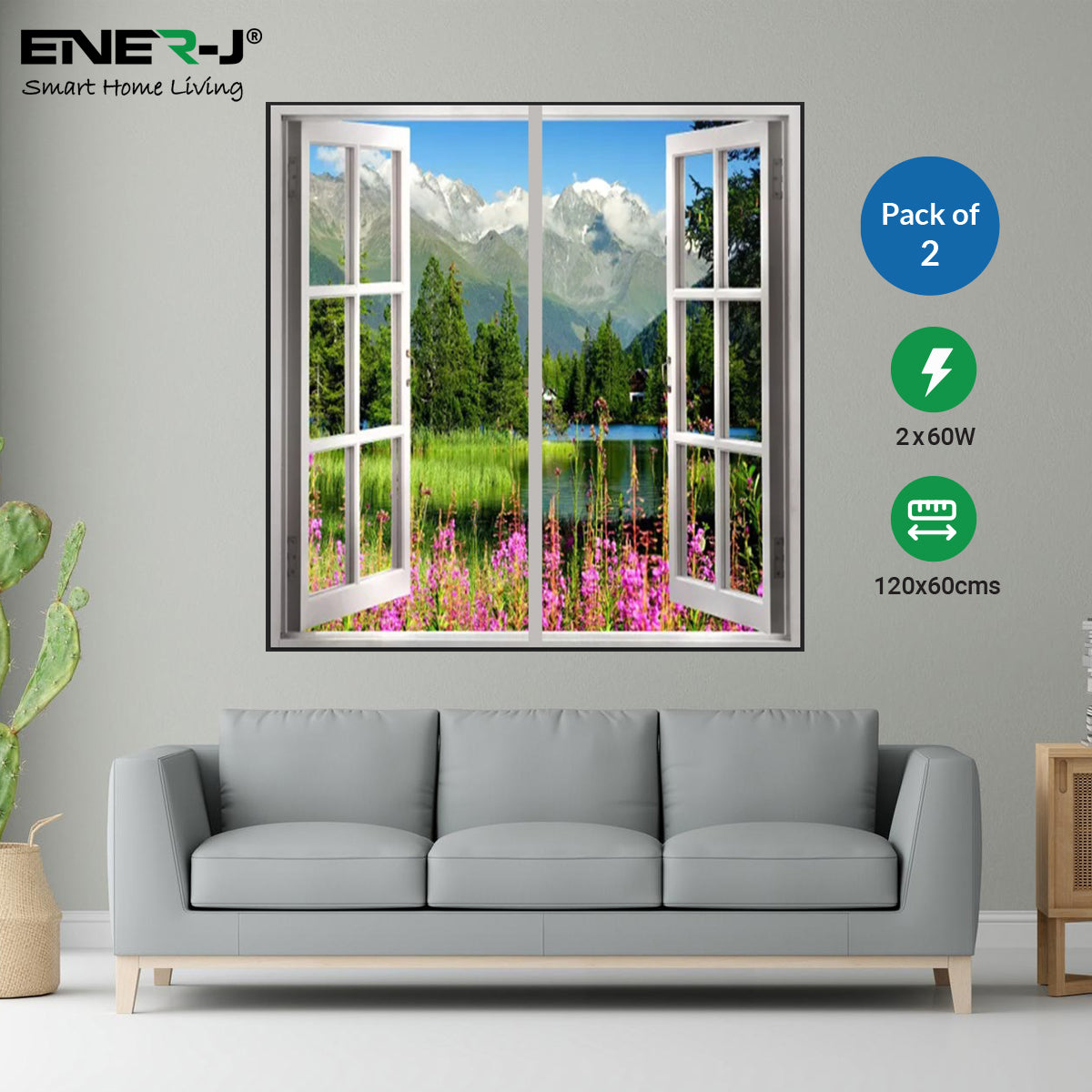 120x60cm Landscape Window Panel set (2 pcs), 2 x 60W, With Wall mounting kit, Cloud covered mountains