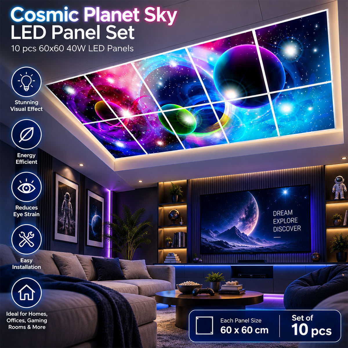 Cosmic Planet Sky LED Panel Set 10 Pack 60 x 60cm 40W LED Panels