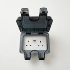 Front view of ENER-J IP65 waterproof outdoor double socket with protective cover