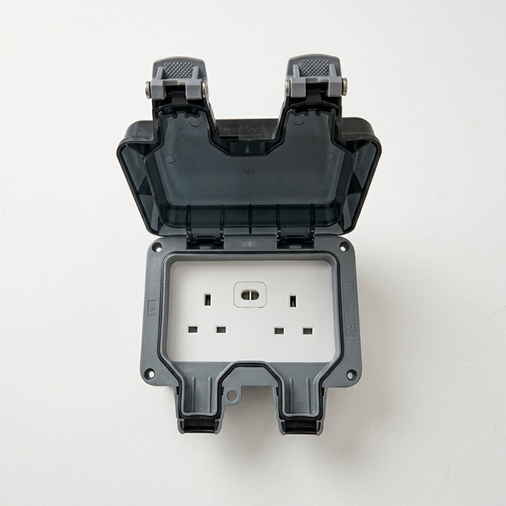 Front view of ENER-J IP65 waterproof outdoor double socket with protective cover