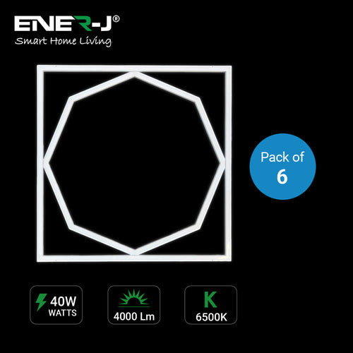 60x60cm LED Frame Panel Light with Hexagon Inner Lights, 40W, Cool White | Pack of 6 - 6500K