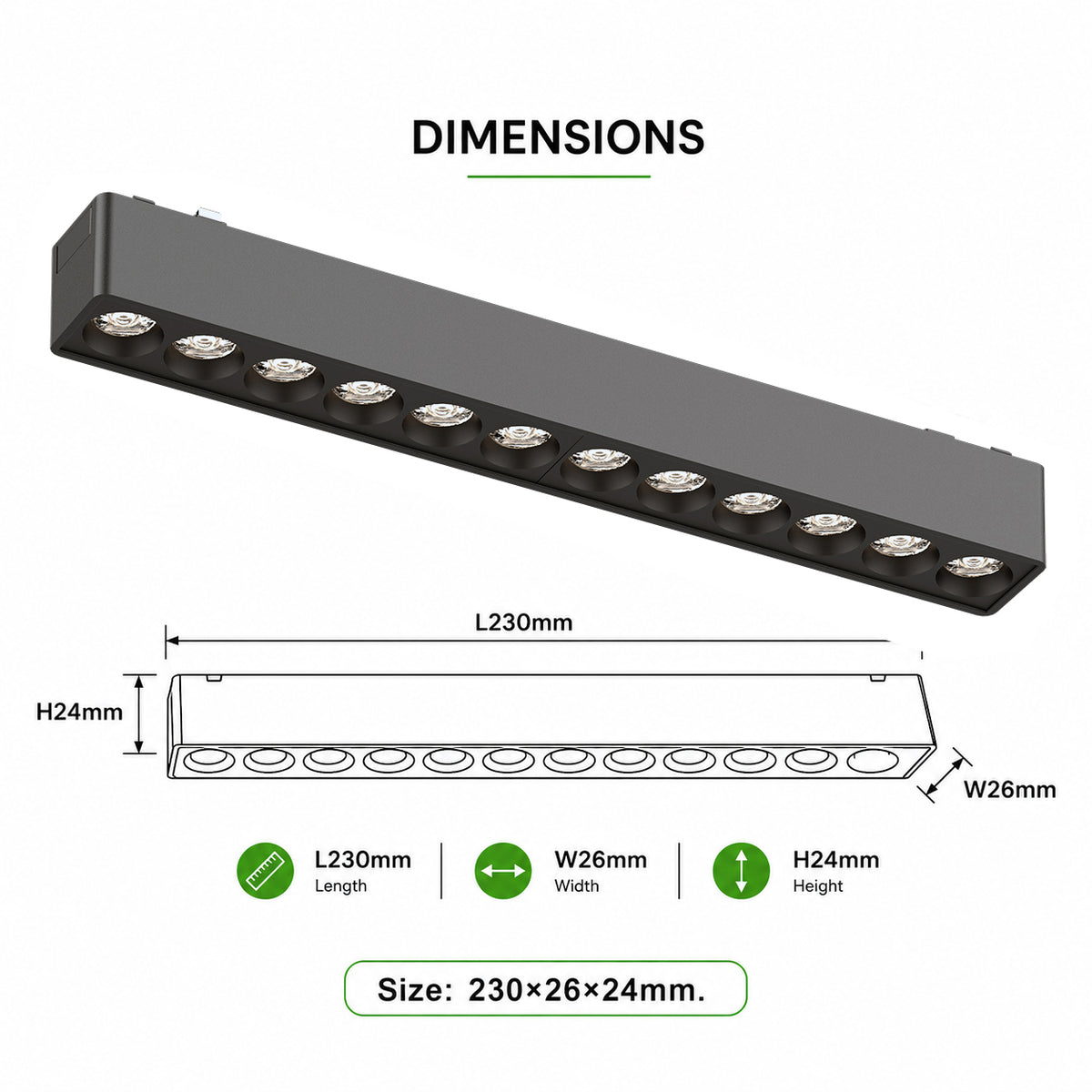 Ener-J MT26 Magnetic Linear Grille Light 12W, 230mm, 24°, 3CCT, 48V, Black