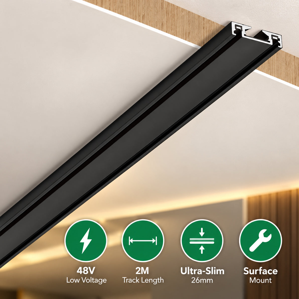 Ener-J MT26 Ultra-Thin Surface-Mounted Magnetic Track 2m, 48V, Black