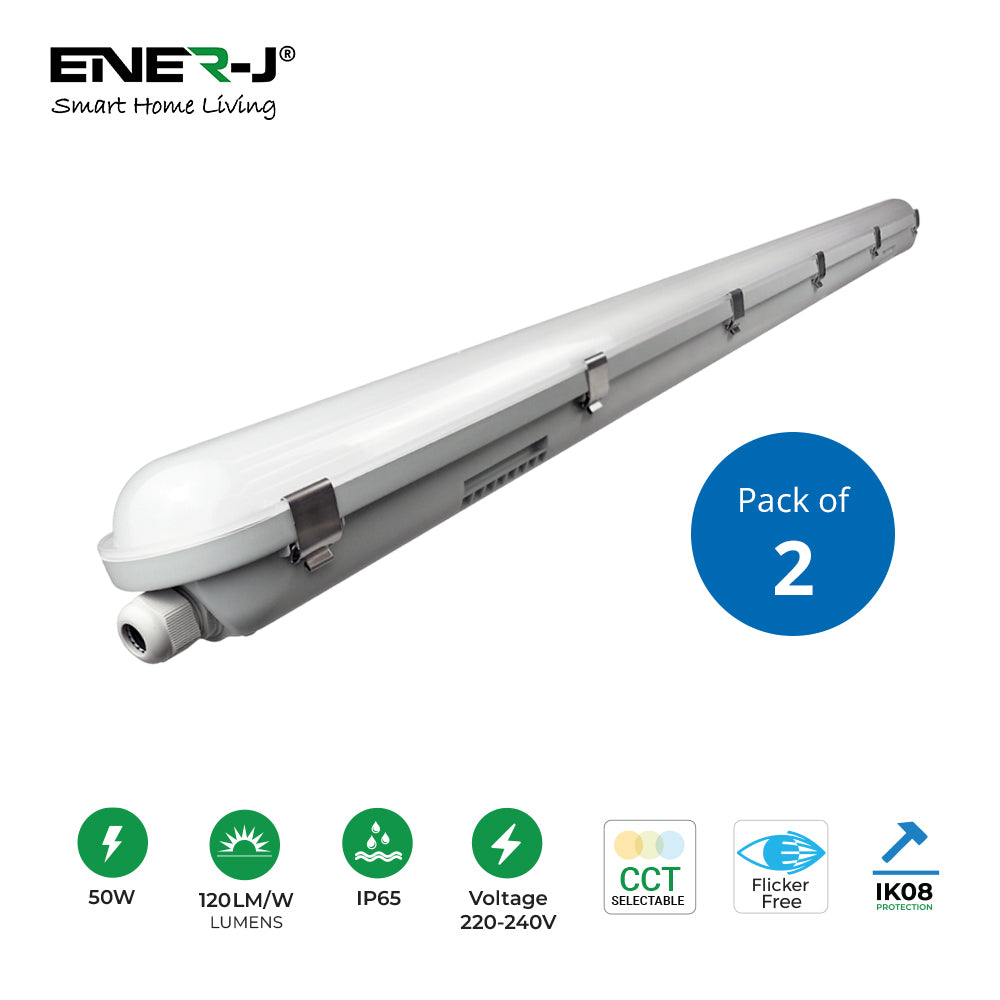 Non Corrosive Waterproof Fitting, 1.5m 50W, 120 lumens per Watt, Power & CCT selectable (Pack of 2)