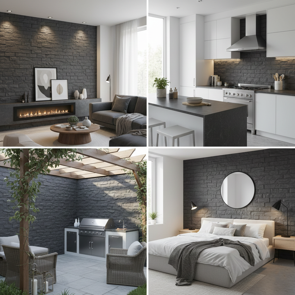 Britwall Charcoal Stacked Stone PU Wall Panel 1200 × 600 mm Pack of 2 – Charcoal Stacked Stone